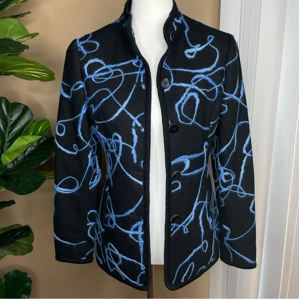 Carlisle Black and Blue Embroidered  Wool Printed Jacket Size 0